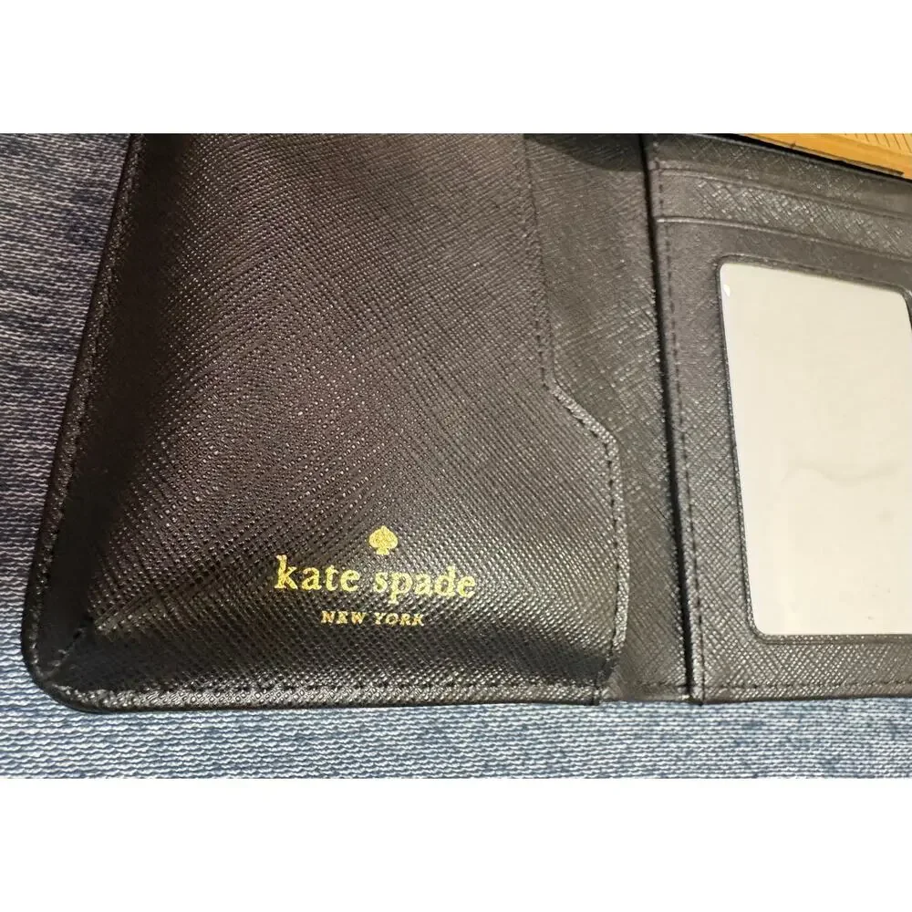 Black Kate Spade Saffiano Leather Trifold Wallet Gold-Toned Logo Plaque